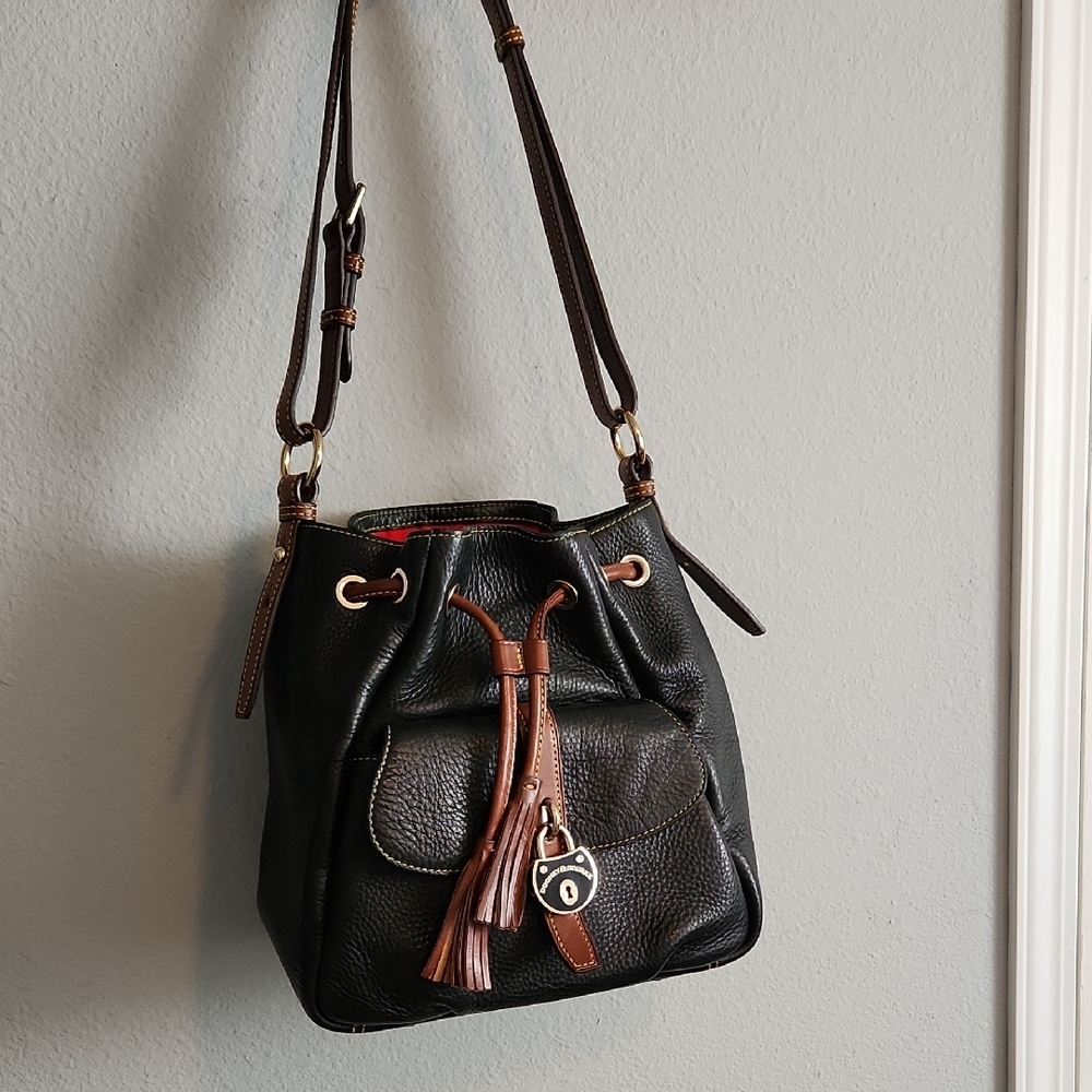 Dooney & Bourke Black and Brown Leather Shoulder Bag with Drawstring Closure